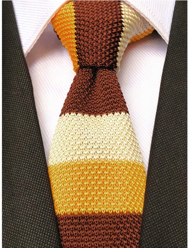 Elfeves Men's Yellow Brown Jacquard Silk Ties Vintage Knit Skinny Designed Designer Necktie For Wedding Business - Image 5